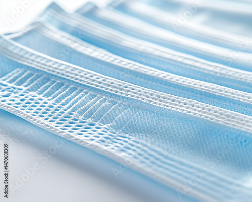 Close-up of blue disposable surgical face masks arranged in rows
