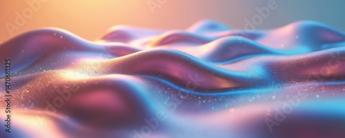 Abstract iridescent liquid flows. Wavy shapes, colorful vibrant gradients of light. Texture features smooth curves bends, with sheen shimmer of glossy surface. Digital art 3d render.