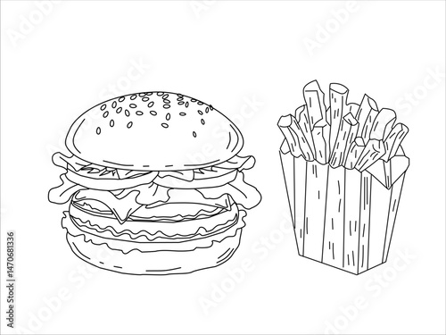 Burger and fries. doodle burger pattern background. hamburger pattern. doodle fast food burger seamless pattern background. seamless pattern of burger in doodle style. Cheese Burger or Hamburger.