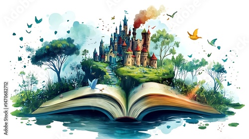 Fantasy castle on open book illustration watercolor style