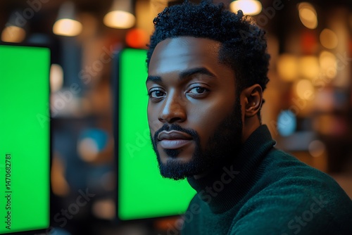 Person in Dark Green Sweater Seated in Front of Two Green Computer Screens in Dimly Lit Room

