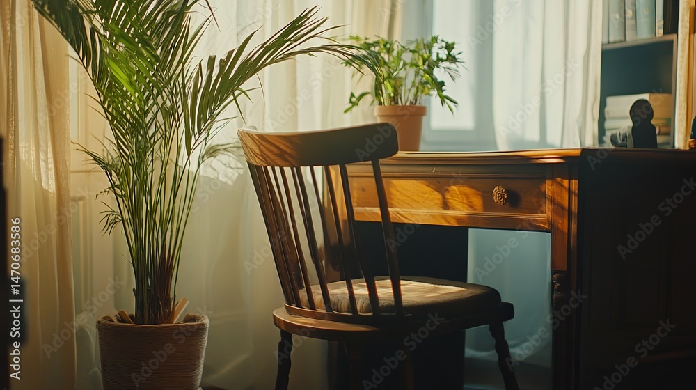 Fototapeta premium Sunlight illuminates a wooden desk and chair near plants in a home office setting with warm lighting