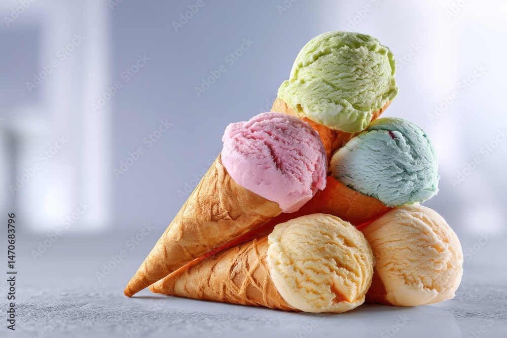 Fototapeta premium A colorful stack of five ice cream cones with different flavor ice cream scoops, including green, pink, blue and yellow on a grey surface against a blurred backdrop.