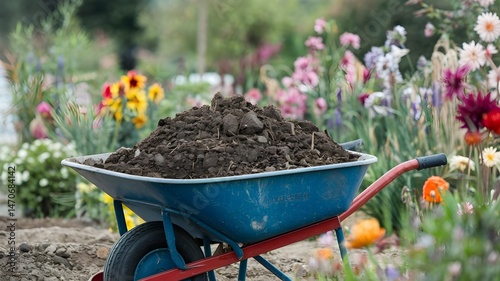 Fototapeta Naklejka Na Ścianę i Meble -  Blue wheelbarrow full of soil in a garden with colorful flowers in the background