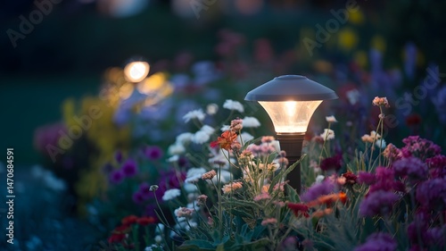 Night garden lights illuminating colorful flowers.  Warm light enhances the beauty of the blooming plants.
