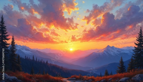 Breathtaking sunset illustration over mountain range. Vibrant colors illuminate sky, casting long shadows across peaks. Gold, red, blue, orange clouds, trees in foreground, forest silhouettes.