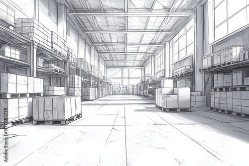 Architectural sketch of an industrial warehouse interior.