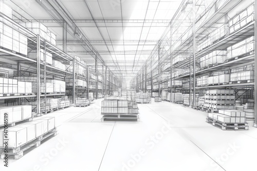 Architectural blueprint of a large warehouse interior.