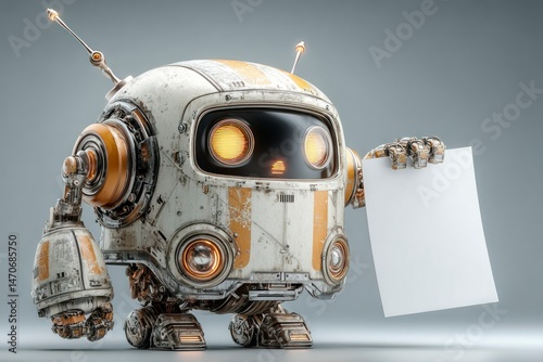 Futuristic Robot Holding a Blank Sign SciFi Character with Glowing Eyes and Antennas Perfect