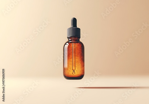 Amber Glass Dropper Bottle with Black Cap Floating Against Soft Beige Background

