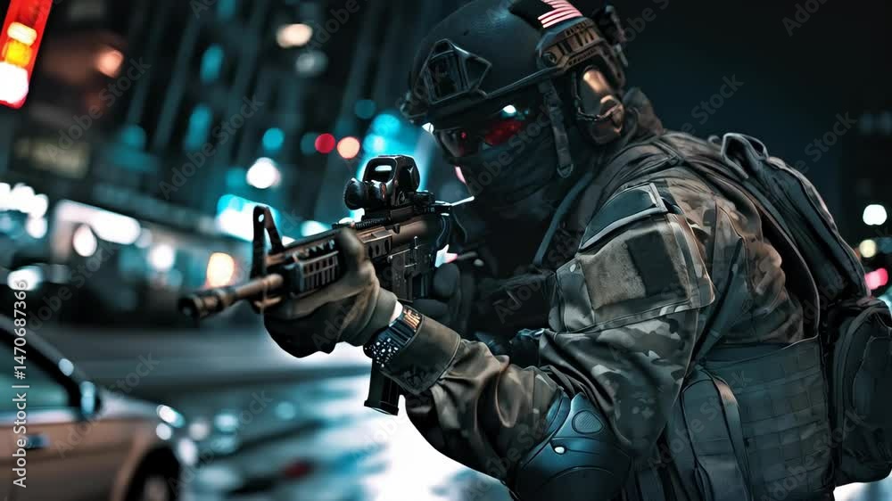 Masked Soldier with rifle in urban setting, poised in a shooting stance amid blurred street lights, helmeted and in tactical gear