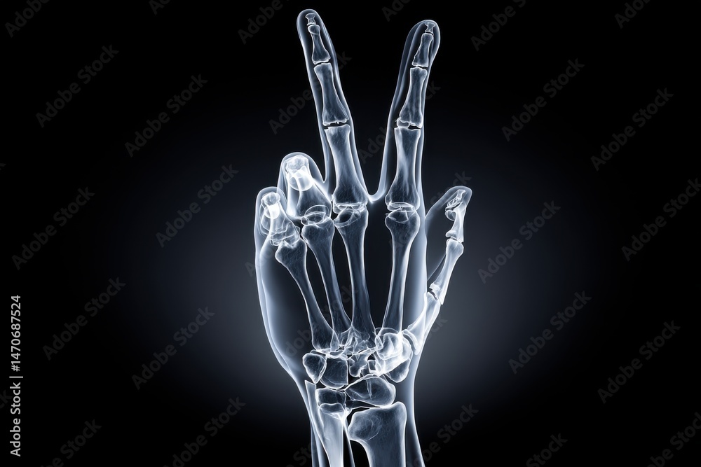 Naklejka premium An X-ray view of a hand making the peace or victory sign, on a black background, showing bones and internal structure in shades of white and gray detail, and modern.