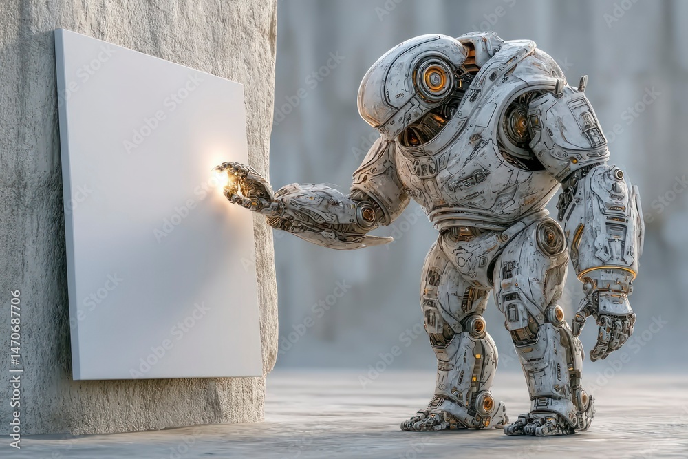 Fototapeta premium Futuristic Robot Interacting with a Blank Panel SciFi Technology Concept Advanced Machinery