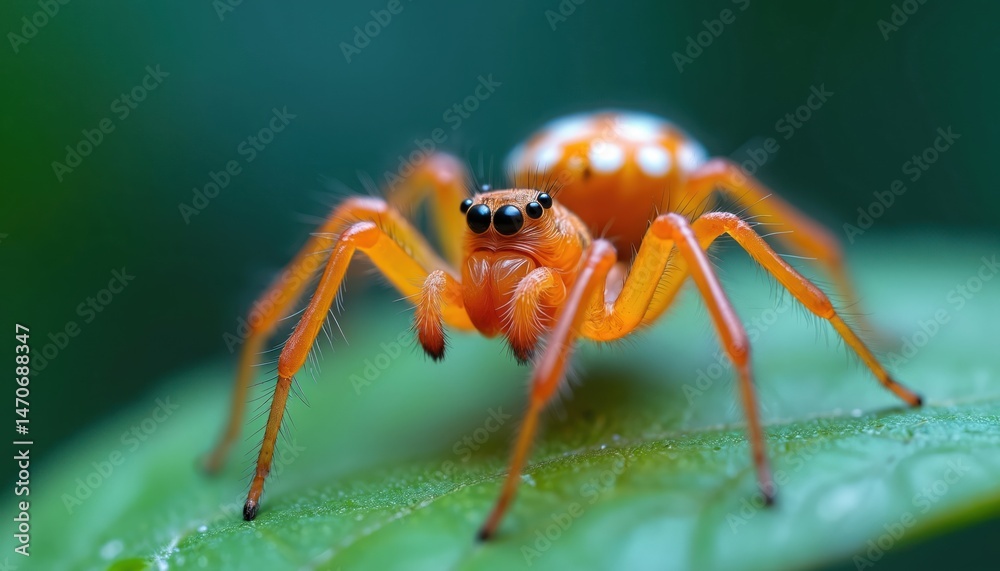 Detailed closeup of orange spider with white spots on green leaf. Arachnid insect on green leaf. Predator with eight legs. Nature photo, wildlife portrait. Macro photography of fauna, invertebrate. Detailed closeup of orange spider with white spots on green leaf. Arachnid insect on green leaf. Predator with eight legs. Nature photo, wildlife portrait. Macro photography of fauna, invertebrate.