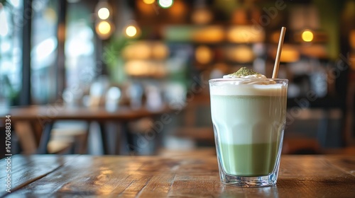 A refreshing matcha latte in a glass on a wooden table.