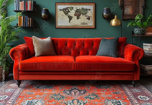 Bright Red Velvet Sofa with Cushions Against Dark Green Wall and World Map in Stylish Living Room

