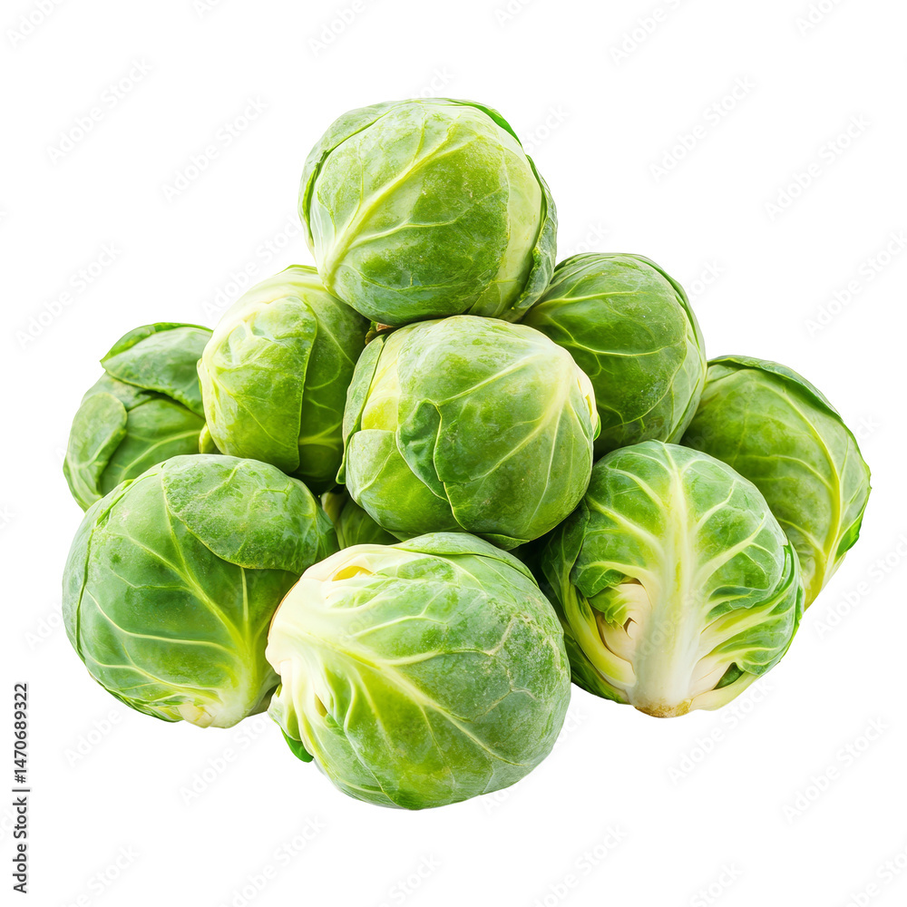 Fototapeta premium Fresh brussel sprouts piled on a transparent background, showcasing their vibrant green color and tight leaves, Group of Brussel Sprouts isolated on transparent background