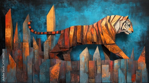 Cubist tiger prowling through a fragmented jungle, its stripes formed from angular, distorted shapes that shimmer with surrealism.