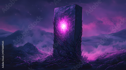 Mystic monolith with glowing core wrapped in thorns standing amid ethereal landscape. ethereal monolith. illustration. [Mechanical Folklore] | Arcane Engine | mystic core. Illustration