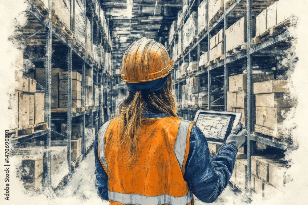 Worker examines inventory in a large warehouse. Worker examines inventory in a large warehouse.