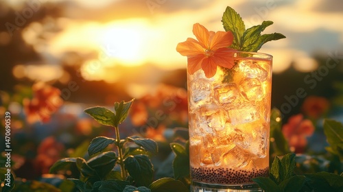 Sunset drink with ice and flower garnish. photo