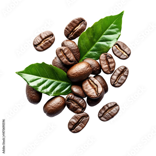 Roasted coffee beans with fresh leaves on a transparent background showcasing the rich texture and aroma of coffee, roasted coffee beans with leaves on transparent background