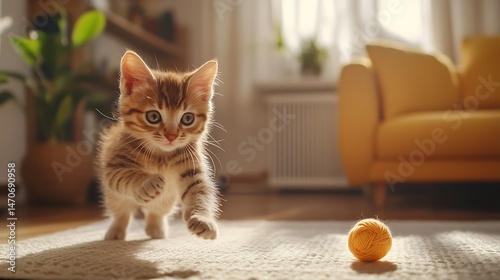Adorable kitten playing on a soft rug in a sunlit room.