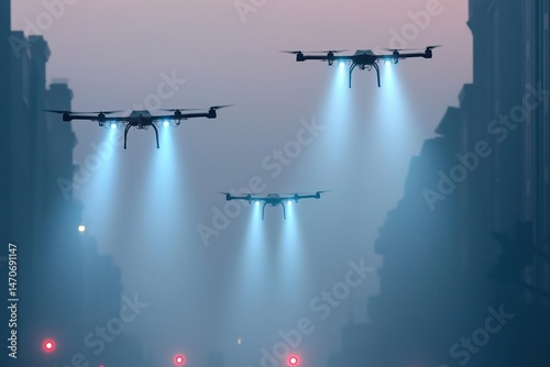 Minimalist photo of military reconnaissance drones scanning a crowded downtown street, people unaware of the surveillance, eerie blue light beams illuminating the area, a bright sunny afternoon.