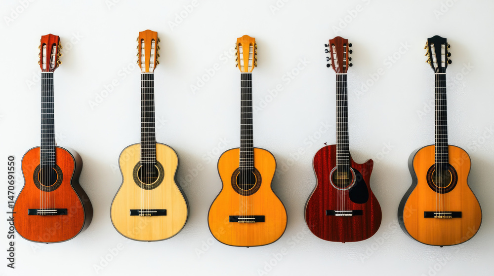 Fototapeta premium Five acoustic guitars displayed horizontally