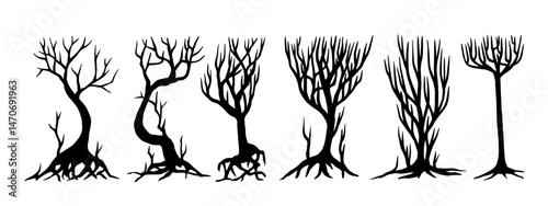 Set of silhouettes, stamps of trees with dry branches. Vector graphics.
