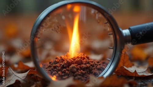 Wallpaper Mural Close-up of a magnifying glass focused on dry leaves, a tiny spark ignites a flame. Detailed fire start in nature. Ignition concept, science tech, ecology, environment, exploration, focus. Torontodigital.ca