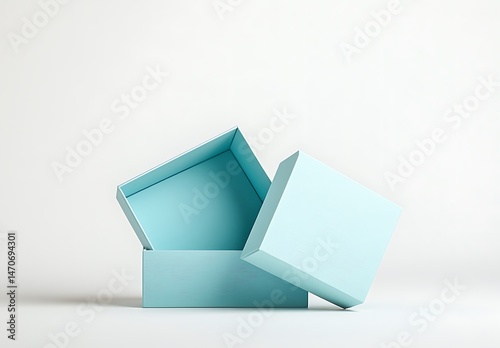 Minimalist Light Blue Gift Box Mockup with Open Box on White Background

