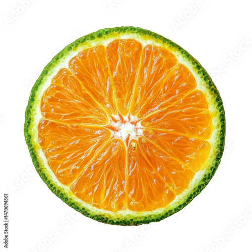 Vibrant tangerine slice in green and orange on a bright transparent background, highlighting its juicy segments, green orange tangerine slice on transparent background