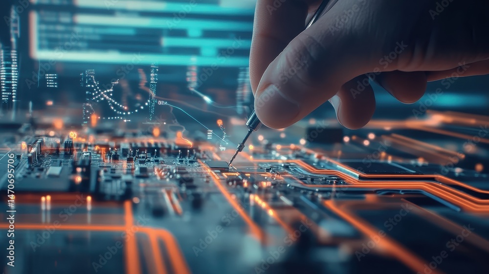 Naklejka premium Handholding Pen on Circuit Board with Glowing Lines and Digital Elements