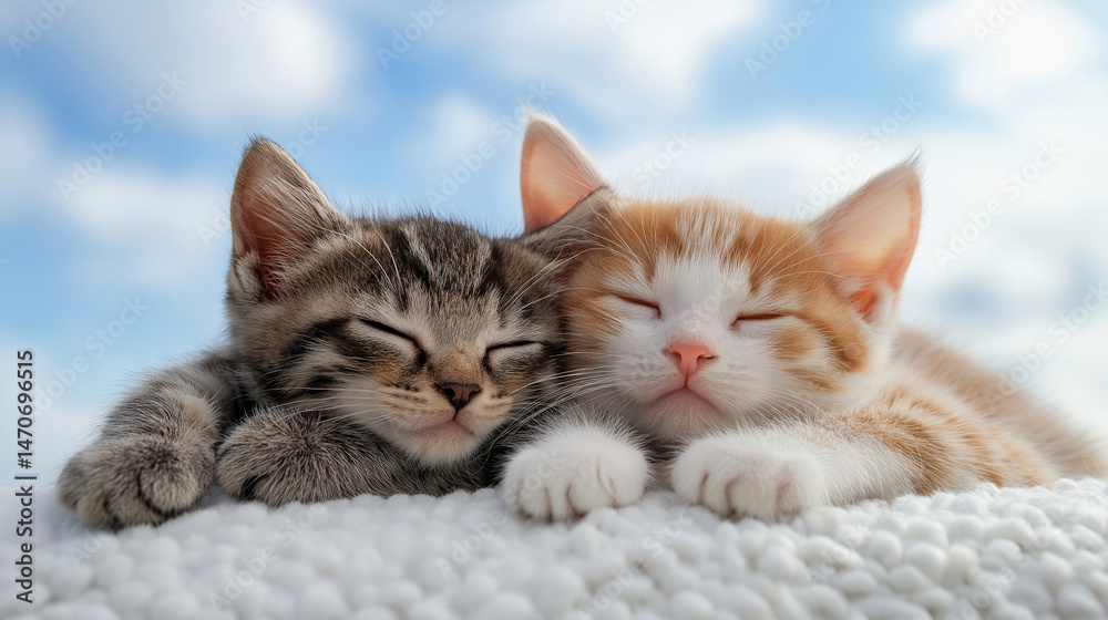 Naklejka premium Two kittens resting together under soft sky