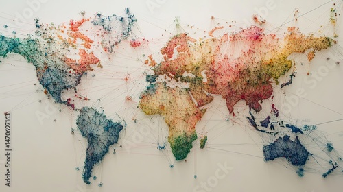 Fototapeta Naklejka Na Ścianę i Meble -  Colorful world map string art global network connections illustration wire yarn lines globe earth