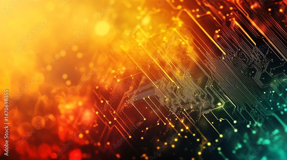 Fototapeta premium Abstract technology background with orange and green circuit board design data lines vivid style