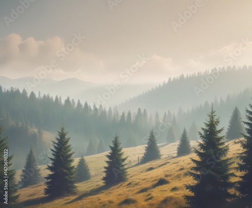 Rolling hills, misty fir trees, retro filter effect, panorama, element, dark
