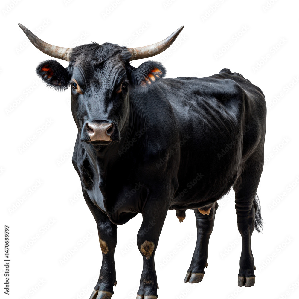Majestic horned bovine a striking portrait of power and natural beauty isolated Majestic horned bovine a striking portrait of power and natural beauty isolated