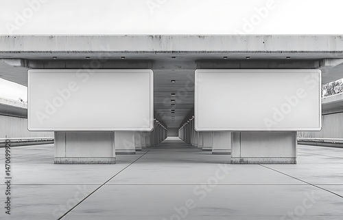 Modern Concrete Structure Mockup with Blank Advertising Panels in Minimalist Architectural Scene

