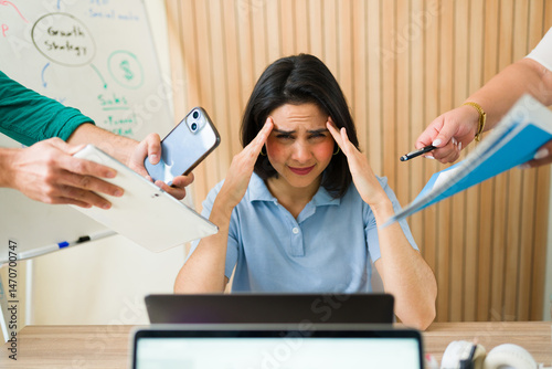 Bilde på lerret Overworked woman having headache from work overload in office