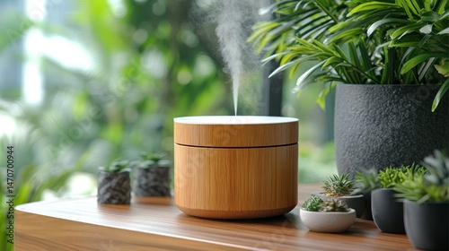 Wooden diffuser, misting, plants, zen