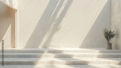 Modern minimalist interior with natural light and plants. Sun-drenched neutral color palette