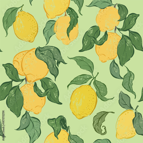 Wallpaper Mural Vector seamless pattern of fresh lemons and green leaves. Hand-drawn ripe fruits isolated on lite-green background. Tasty food illustration for design, print, fabric or background. Torontodigital.ca