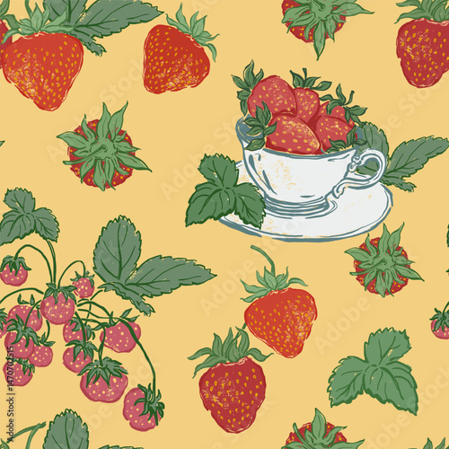 Vector seamless pattern of fresh strawberry and green leaves. Hand-drawn ripe fruits isolated on yellow background. Tasty food illustration for design, print, fabric or background.