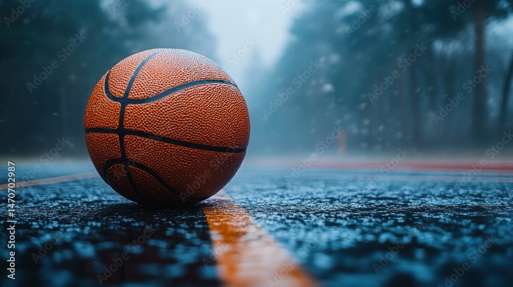 Rainy Day Basketball: A Lone Ball on the Court Rainy Day Basketball: A Lone Ball on the Court
