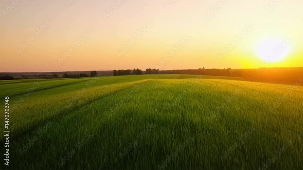 Flying Over Green Field at Sunset Golden Hour Aerial Flying Over Green Field at Sunset Golden Hour Aerial