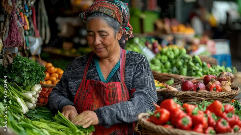 A smiling woman stands in a vibrant market filled with fresh vegetables and fruits, showcasing a lively atmosphere. A smiling woman stands in a vibrant market filled with fresh vegetables and fruits, showcasing a lively atmosphere.