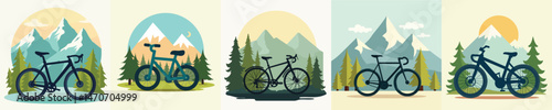 Flat Vector Illustration of Bicycle Adventure in Scenic Mountain and Forest Landscapes