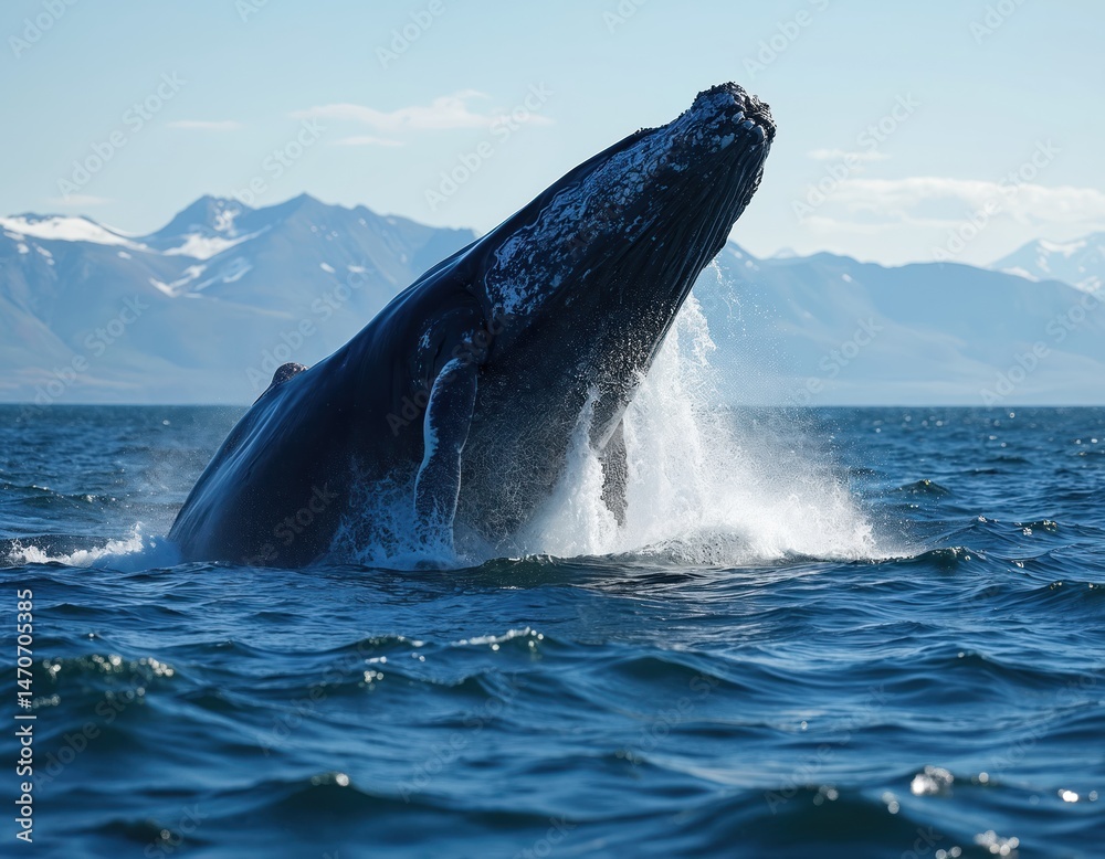 Fototapeta premium Humpback whale breach from ocean. Water splashes. Animal in natural environment. Iceland, Europe. Marine wildlife. Big whale, blue sea, mountains background. Nature scenery.